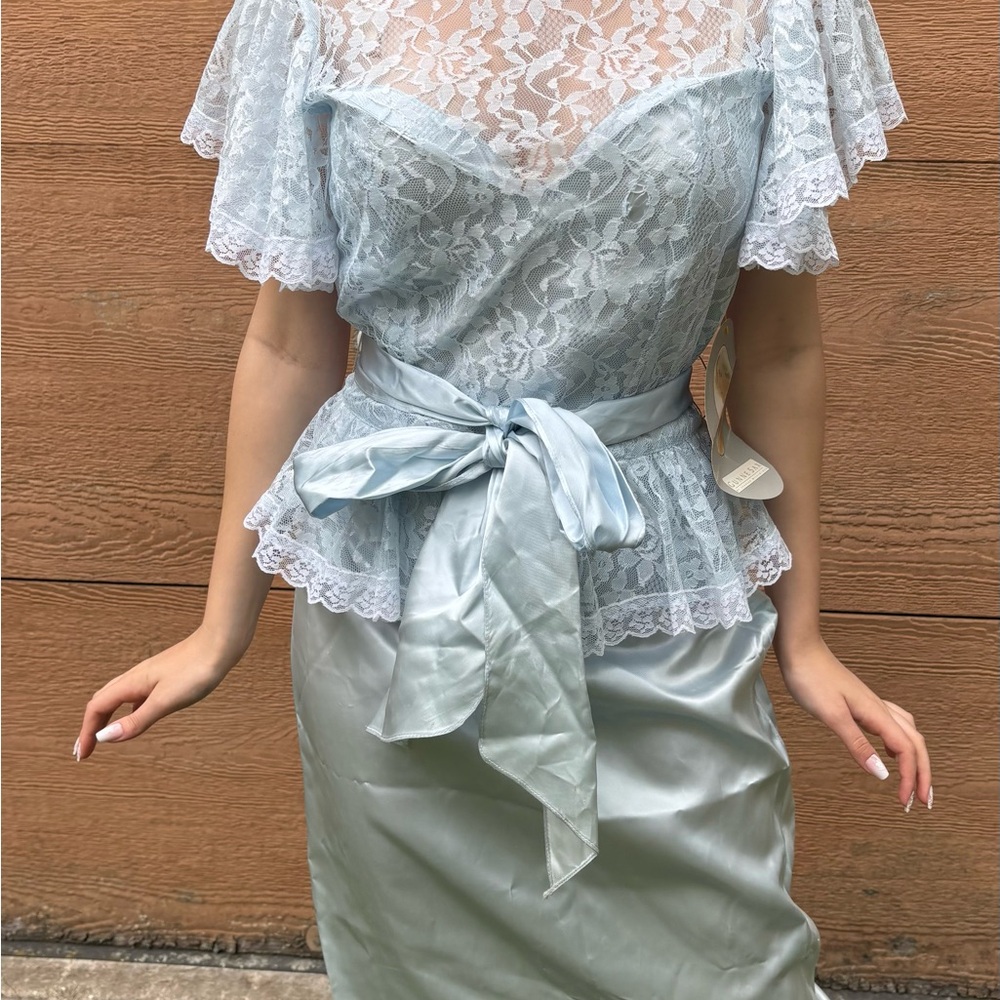 Gunne Sax Light Blue Lace Dress with Satin Accents